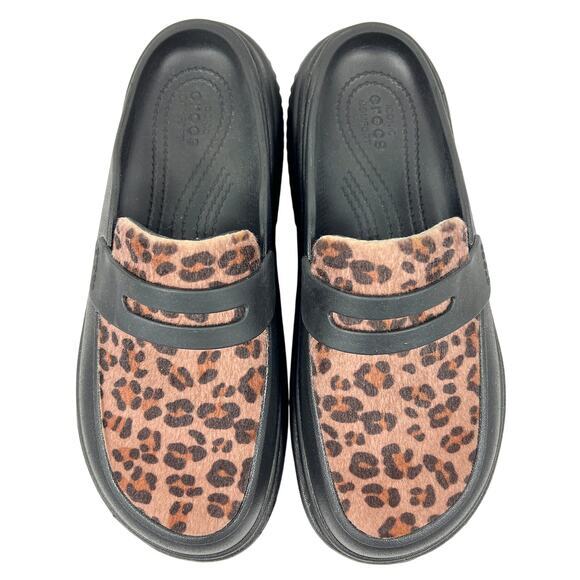 Crocs Stomp Leopard Loafer Platform Shoes W8/M6 Comfort Slip On Black Brown - Picture 4 of 9